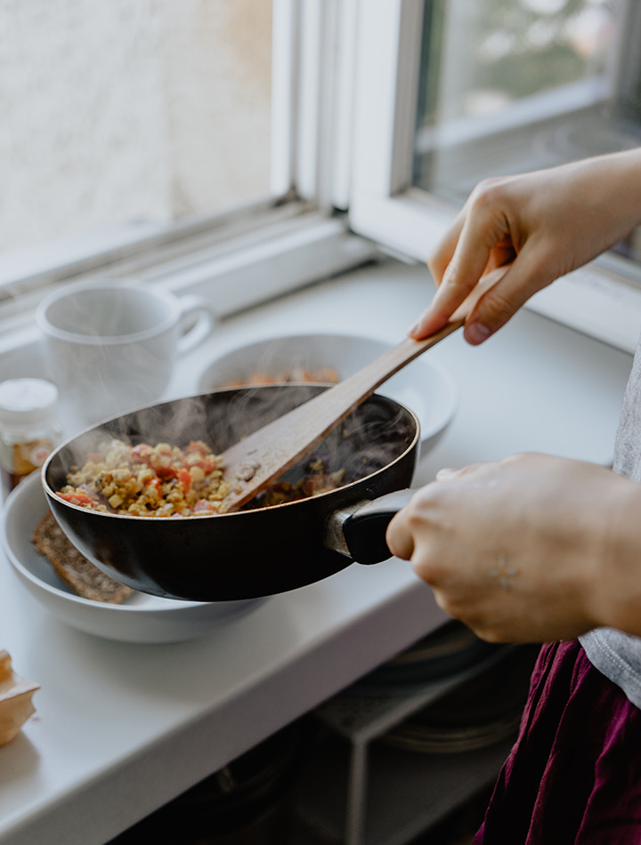 the power of cooking at home, frying pan and vegetables